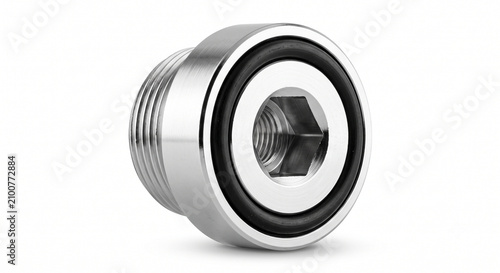 Extreme macro of a bare scuba DIN valve insert adapter. Machined brass cylinder with internal hex threads, chrome finish, and a thick black O-ring.