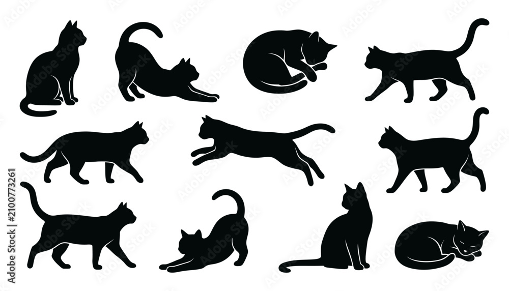 Fototapeta premium Halloween black cat silhouettes in various poses. Spooky feline vector icons for seasonal decorations and party designs.