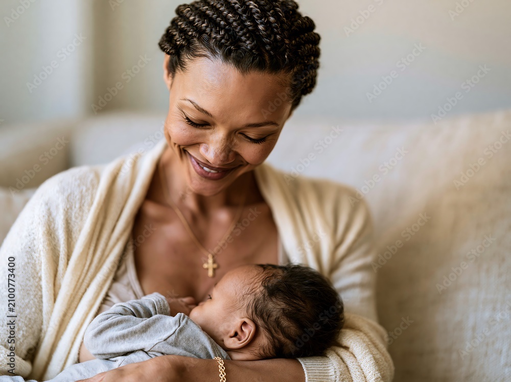 Obraz premium A tender moment between a loving mother and her newborn baby resting comfortably at home indoors