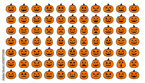 Halloween pumpkin jack-o-lantern faces set with diverse expressions. Vector collection of spooky carved orange squash icons for festive designs.