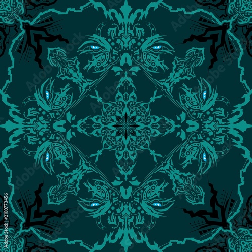 Seamless Arabic-style Talavera tile pattern. A backdrop for design and fashion. Arabic and Indian patterns. Perfect for Ramadan designs.elegant colors , bandana pattern whit black and gold pattern not