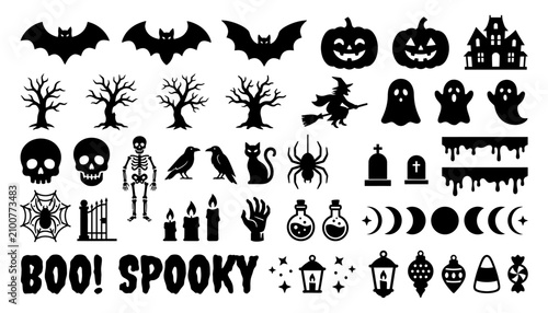 Halloween spooky icons and elements set for festive designs. Vector line art collection of bats, pumpkins, ghosts, and haunted symbols.
