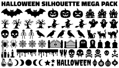 Halloween silhouette vector pack with spooky icons and decorations. Black line art illustrations for seasonal designs, party invites, and digital c...