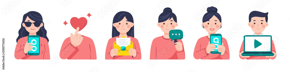 Fototapeta premium Diverse people using mobile devices for communication and entertainment with bright flat illustration style