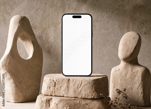 Smartphone on stacked stone blocks with abstract sculptures around it