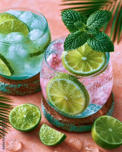 Refreshing citrus drink with mint and lime slices