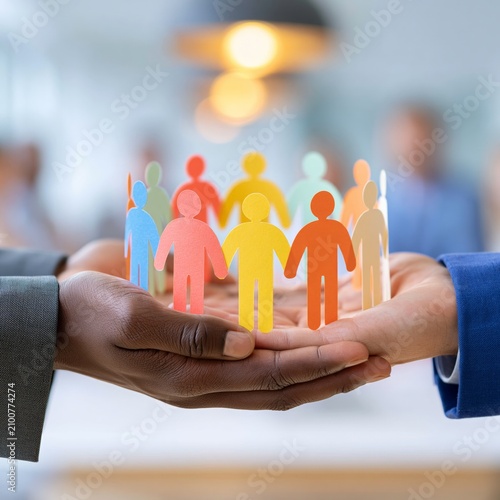 Two hands cradle colorful paper figures of people