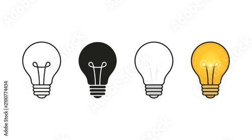 Four different light bulb icons showing outline, silhouette, transparent and illuminated states transparent background