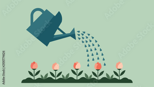 Cuadro en lienzo Flat vector illustration of a watering can nurturing flowering plants, symbolizing gardening, sustainable living, environmental care, biodiversity, and healthy ecosystem growth