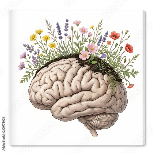 Beautiful colorful wildflowers blooming out of a human brain symbolizing mindfulness, mental wellness, creativity, and inner peace.