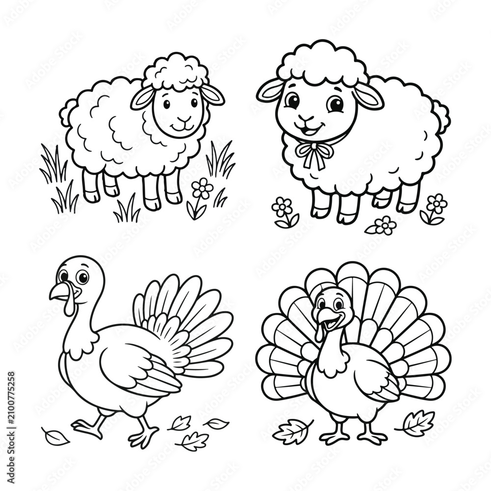 Obraz premium Cute sheep and turkey bird farm animal coloring page