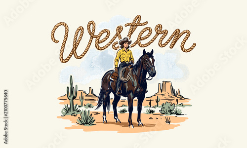 Foto Vintage cowgirl riding a horse in the desert with western rope text and saguaro