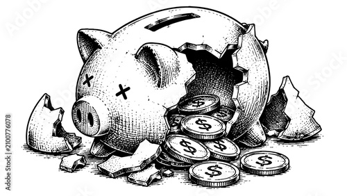 Detailed financial engraving of a broken piggy bank spilling coins, symbolizing financial loss, debt, bankruptcy, savings, budgeting, and economic hardship concepts.