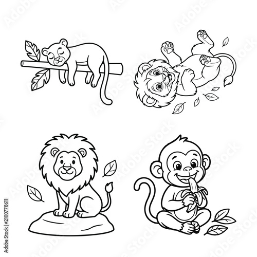 Canvas Print Cartoon sleeping lion monkey eating banana coloring page