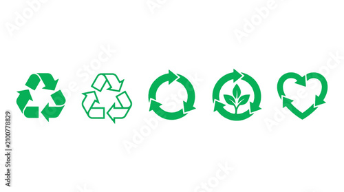 Set of green recycling symbols including the universal recycling symbol, circular arrows, and a heart shape with arrows transparent background