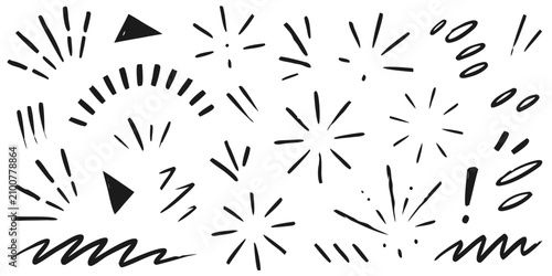 Foto Hand drawn explosion bursts and doodles on white background for graphic design a