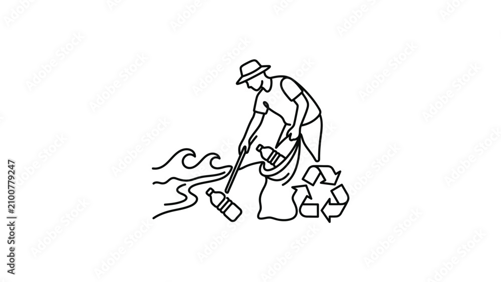 Obraz premium Person cleaning beach pollution, collecting plastic bottles in bag with recycling symbol