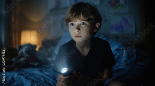 Young boy holding flashlight in dim bedroom with focused expression and soft warm bedside lamp glow, intimate nighttime portrait with calm cozy mood, with boy, child, kid, flashlight detail