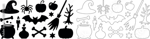 Tableau sur toile Halloween icons set including witch hats broomsticks bats and pumpkins
