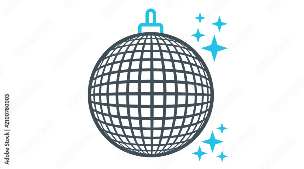 Obraz premium Minimalist disco ball illustration featuring bright cyan sparkles on a clean and simple white background