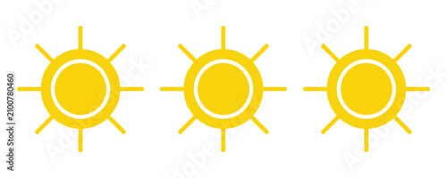 Bild auf Leinwand Three identical yellow sun weather icons representing bright sunny sky conditions on transparent grid