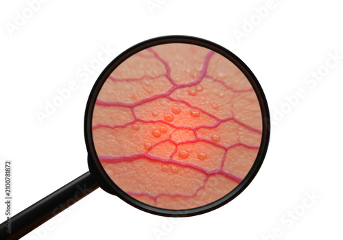 Macro photo of human skin with spider veins examined by a magnifying glass on a white background. Concept for dermatology and phlebology