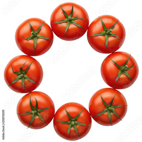 Happy tomatoes arranged in a circular pattern with green leaves
