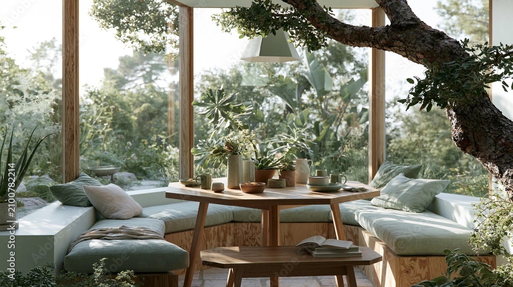 Fototapeta premium Cozy outdoor seating area with a wooden table in the center. the table is surrounded by a wooden bench with green cushions and a wooden coffee table in front of it.