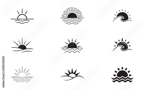 Canvas Print Set of ocean waves with sun icons for surfing and beach resort travel logo design vector silhouette
