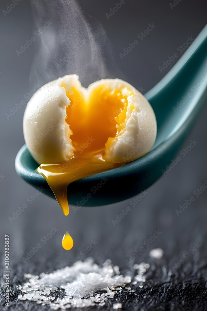 Fototapeta premium Soft-boiled egg yolk dripping from teal ceramic spoon with rising steam