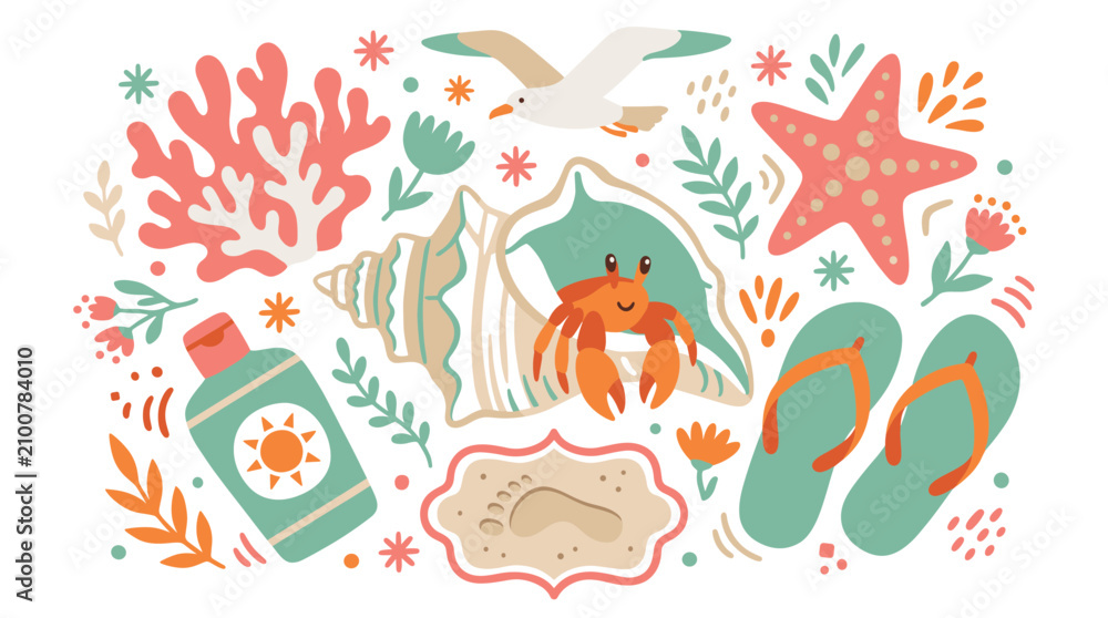 Fototapeta premium Beach and summer vector icons with flip flops, sunscreen bottle and starfish for vacation flyer design in bright colorful style