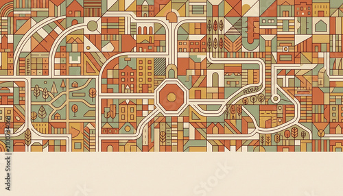Minimalist map design with geometric urban blocks and winding roads in retro earth colors.