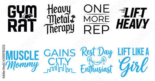 Foto Collection of fitness and gym quotes with typography art for workout apparel and motivational posters Minimal Typography text bundle collection