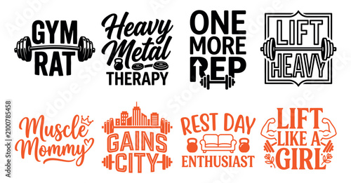 Set of eight motivational fitness and gym quotes with typography and barbell icons for apparel and posters Minimal Typography text bundle collection. Editable Vector Illustration Mega pack