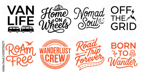 Foto Set of travel and van life typography badges and quotes for adventure lifestyle branding and design Minimal Typography text bundle collection