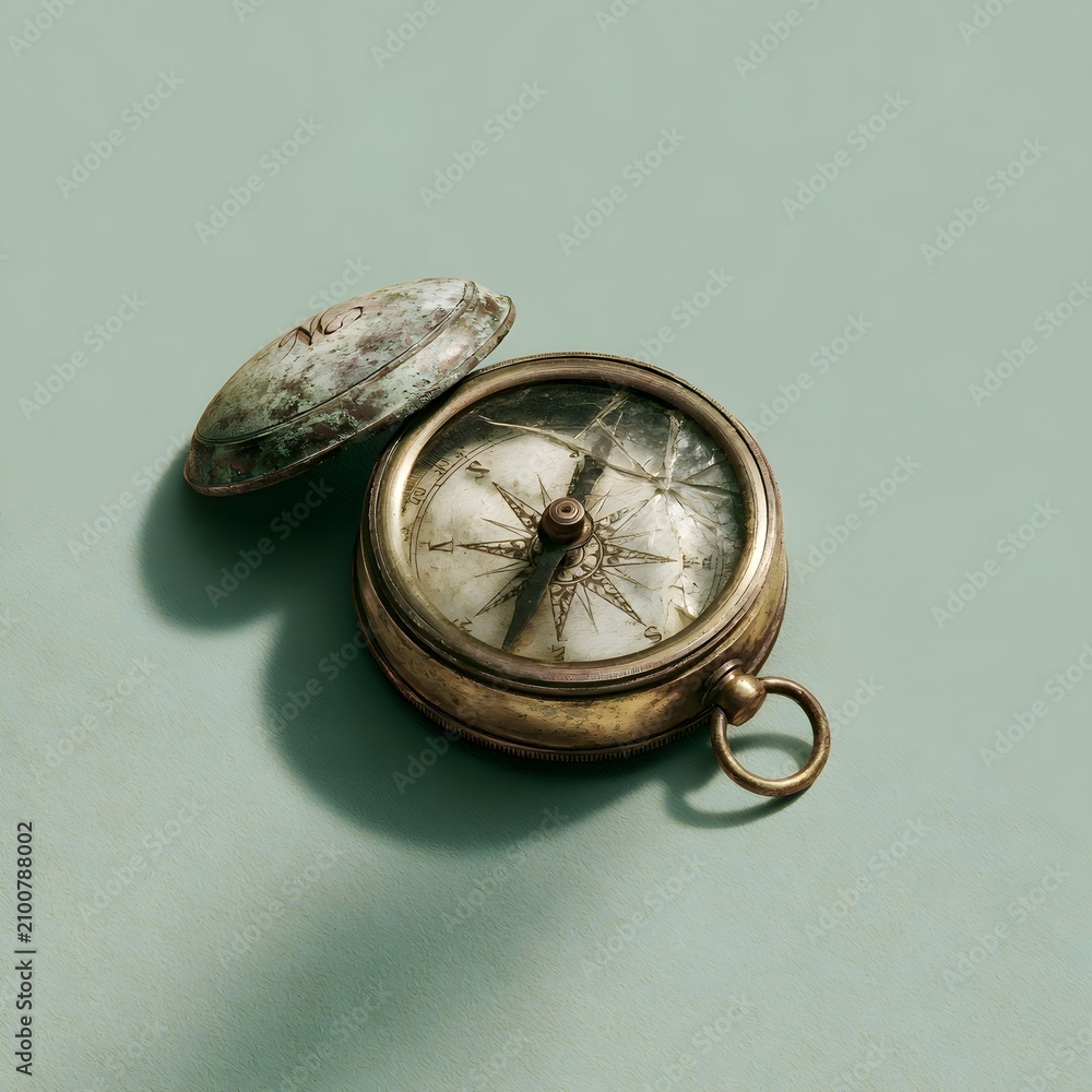Fototapeta premium Weathered brass pocket compass with cracked glass on sage green