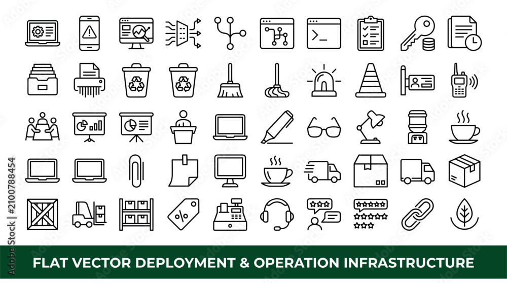 Fototapeta premium Deployment and operation infrastructure concept icons with laptop, printer and delivery truck for infographic design in outline style