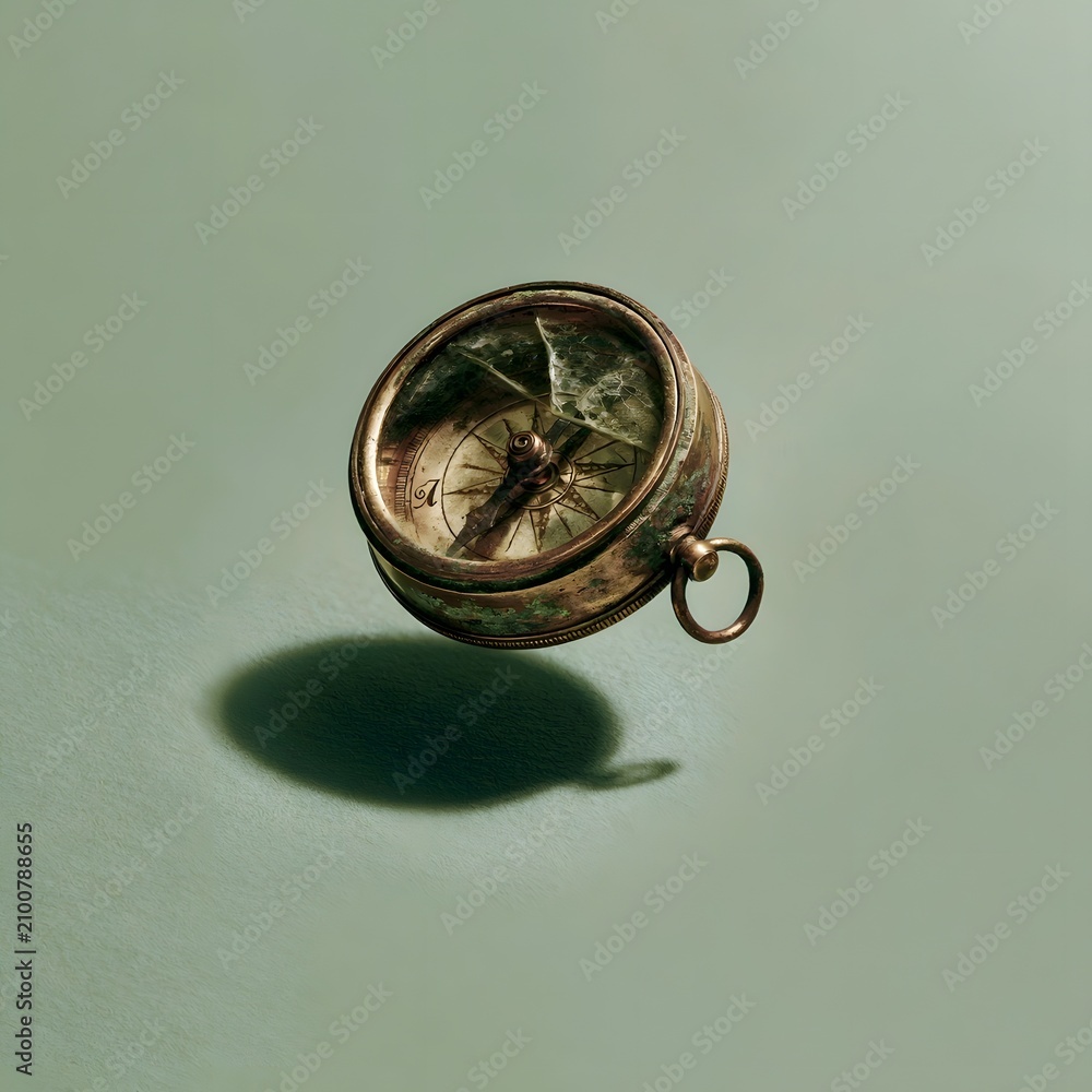 Fototapeta premium Antique brass compass with cracked glass floating over sage background