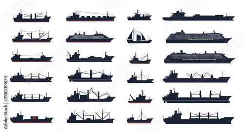 Collection of various sea vessel silhouettes including cargo ships, yachts, tankers, and luxury cruise liners.