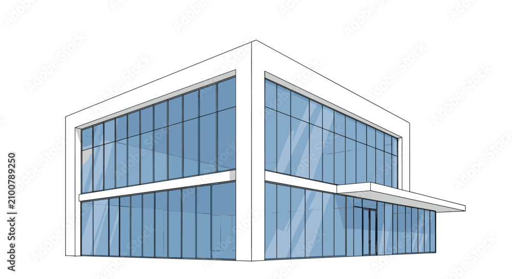 Fototapeta premium Modern two story corporate glass office building architectural drawing with clear reflections on blue windows.