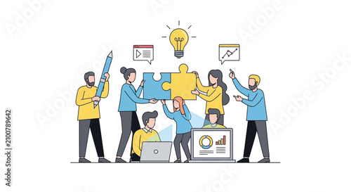 Diverse group of business professionals working together collaboratively on creative project with laptop computer and colorful puzzle pieces in modern office setting
