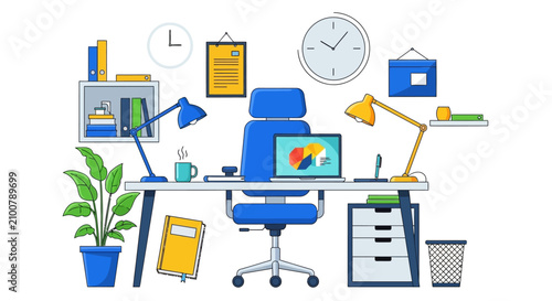 Modern office workspace with blue chair and computer, organized desk with supplies and plants, professional business workspace concept with technology and decor
