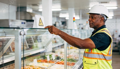 Safety inspector in high visibility vest pointing at warning sign in cafeteria. African American male worker checking food service facility compliance. Workplace health and safety concept