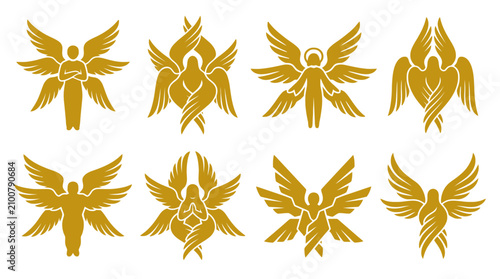Photography Golden seraphim and multi-winged angel silhouette set.