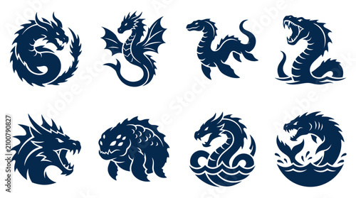 Фотография Blue mythical dragon and sea serpent silhouette icons.