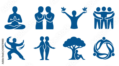 Navy blue spiritual and communal connection icon set.