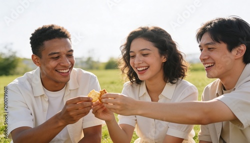 Diverse group of friends laughing and sharing snacks in a park. Happy young adults eating together outdoors on a sunny day. Friendship and social gathering concept