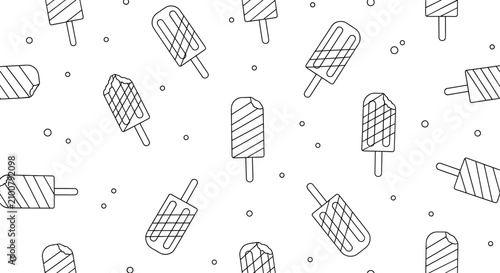 Playful black and white outline pattern of various popsicles and tiny bubbles makes a fun summer themed coloring book page.