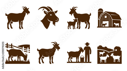 Bild auf Leinwand Goat farming and dairy livestock production icon set.