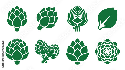 Foto Green artichoke heart and whole vegetable icons.